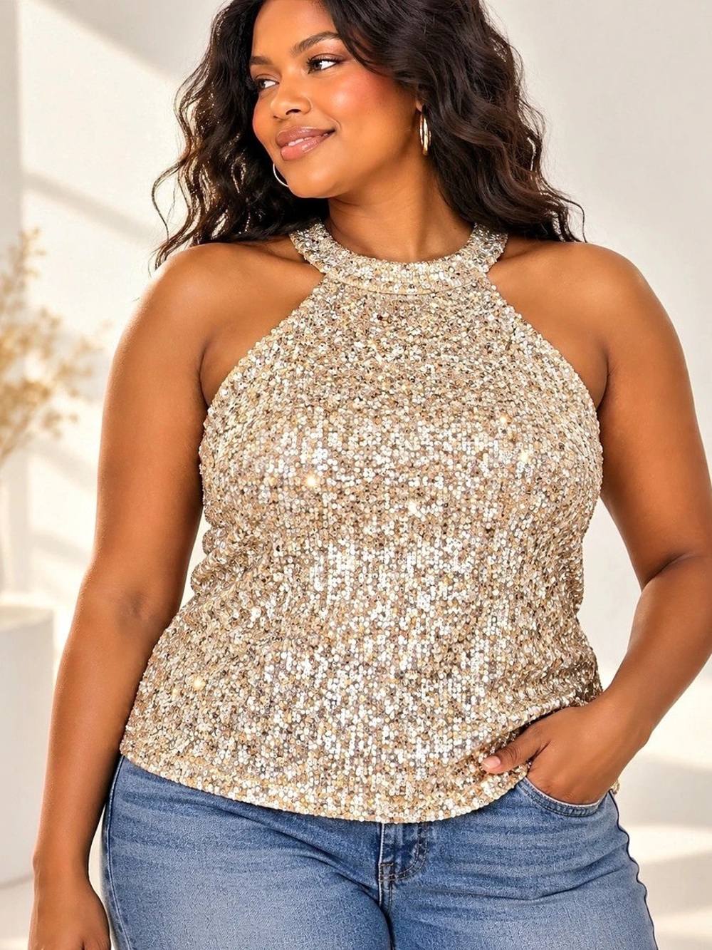 Cable & Gauge Sequin Halter Top Women’s XL Champagne Gold